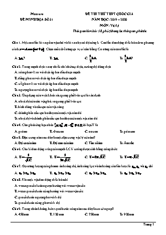 Đề thi thử THPT Quốc gia môn Vật lí - Đề 31 - Năm học 2019-2020 (Có đáp án)
