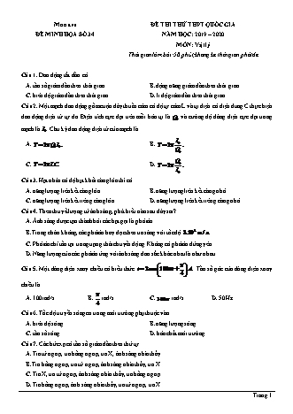 Đề thi thử THPT Quốc gia môn Vật lí - Đề 34 - Năm học 2019-2020 (Có đáp án)