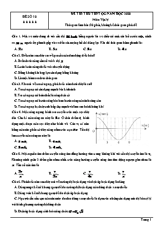 Đề thi thử THPT Quốc gia môn Vật lí - Đề số 10 - Năm học 2020 (Có đáp án)