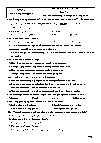 Đề thi thử THPT Quốc gia môn Vật lí - Đề số 10 - Năm học 2020 - Nguyễn Ngọc Hải (Có đáp án)