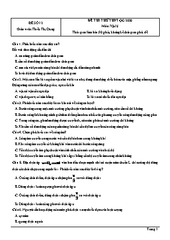 Đề thi thử THPT Quốc gia môn Vật lí - Đề số 12 - Năm học 2020 - Thiều Thị Dung (Có đáp án)