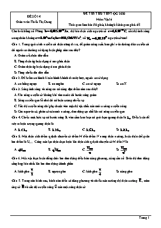 Đề thi thử THPT Quốc gia môn Vật lí - Đề số 14 - Năm học 2020 - Thiều Thị Dung (Có đáp án)