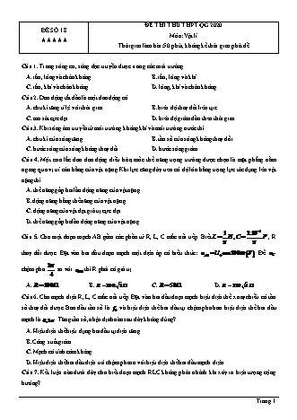 Đề thi thử THPT Quốc gia môn Vật lí - Đề số 18 - Năm học 2020 (Có đáp án)