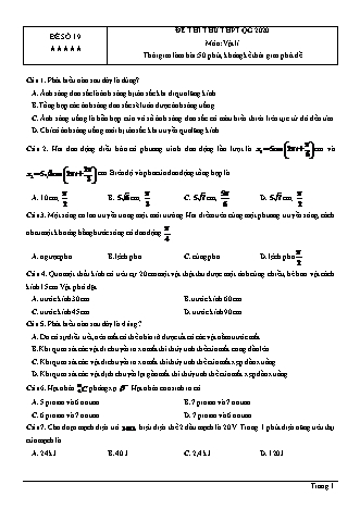 Đề thi thử THPT Quốc gia môn Vật lí - Đề số 19 - Năm học 2020 (Có đáp án)