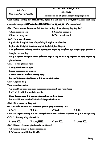 Đề thi thử THPT Quốc gia môn Vật lí - Đề số 3 - Năm học 2020 - Nguyễn Ngọc Hải (Có đáp án)