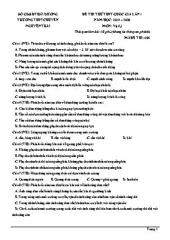 Đề thi thử THPT Quốc gia môn Vật lí - Lần 1 - Mã đề: 654 - Năm học 2019-2020 - Trường THPT chuyên Nguyễn Trãi (Có đáp án)