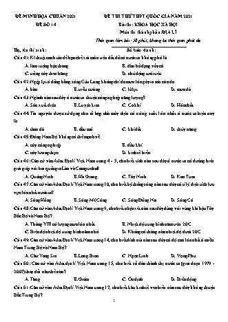 Đề thi thử Tốt nghiệp THPT Khoa học xã hội - Môn: Địa lí - Đề số 14 - Năm học 2021 (Có đáp án)