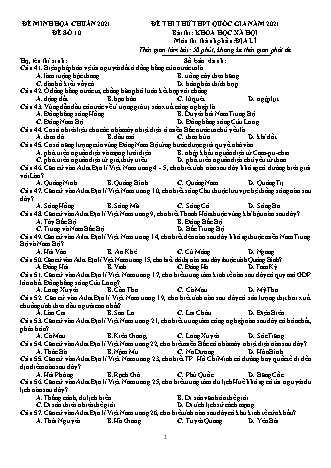 Đề thi thử Tốt nghiệp THPT Khoa học xã hội - Môn: Địa lí - Đề số 10 - Năm học 2021 (Có đáp án)