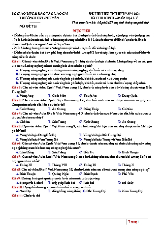 Đề thi thử Tốt nghiệp THPT Khoa học xã hội - Môn: Địa lí - Mã đề: 726 - Năm học 2021 - Sở giáo dục và đào tạo Lào Cai (Có đáp án)