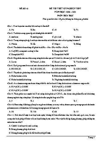 Đề thi thử Tốt nghiệp THPT môn Hóa học - Đề số 10 - Năm học 2020-2021 (Có đáp án)