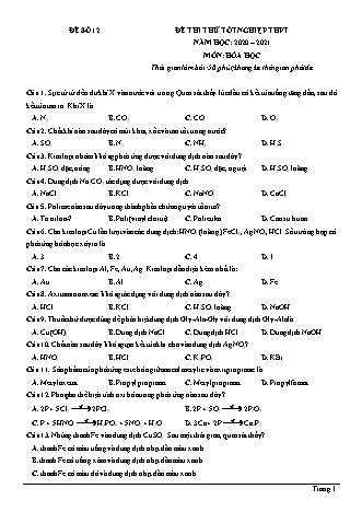 Đề thi thử Tốt nghiệp THPT môn Hóa học - Đề số 12 - Năm học 2020-2021 (Có đáp án)