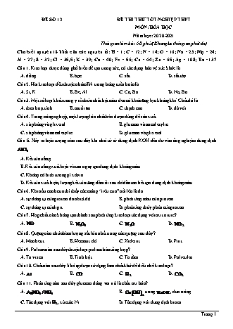 Đề thi thử Tốt nghiệp THPT môn Hóa học - Đề số 12 - Năm học 2020-2021 (Có lời giải chi tiết)