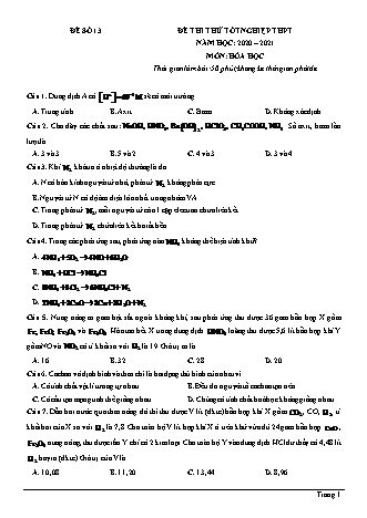 Đề thi thử Tốt nghiệp THPT môn Hóa học - Đề số 13 - Năm học 2020-2021 (Có đáp án)
