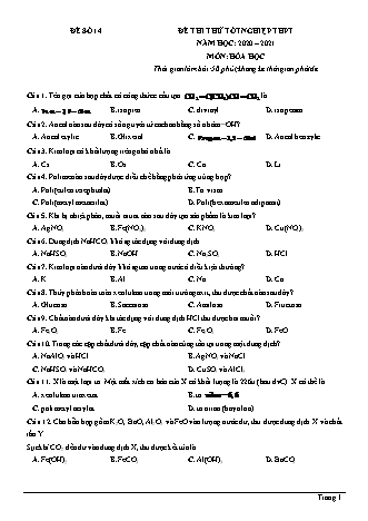 Đề thi thử Tốt nghiệp THPT môn Hóa học - Đề số 14 - Năm học 2020-2021 (Có đáp án)