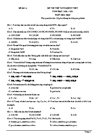 Đề thi thử Tốt nghiệp THPT môn Hóa học - Đề số 16 - Năm học 2020-2021 (Có đáp án)