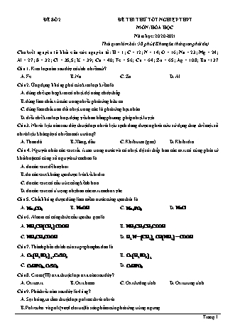 Đề thi thử Tốt nghiệp THPT môn Hóa học - Đề số 2 - Năm học 2020-2021 (Có lời giải chi tiết)