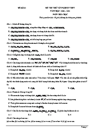 Đề thi thử Tốt nghiệp THPT môn Hóa học - Đề số 2 - Năm học 2020-2021 (Có đáp án)