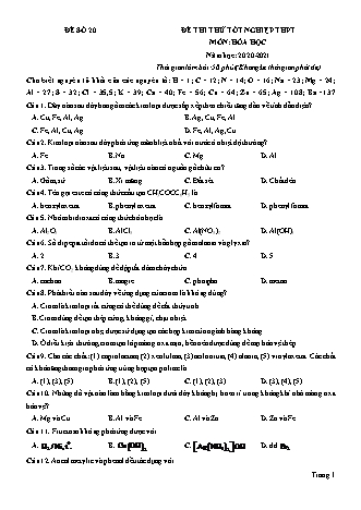 Đề thi thử Tốt nghiệp THPT môn Hóa học - Đề số 20 - Năm học 2020-2021 (Có lời giải chi tiết)