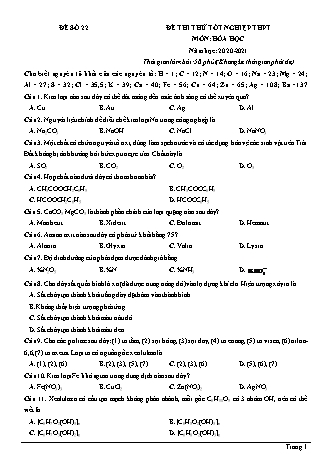 Đề thi thử Tốt nghiệp THPT môn Hóa học - Đề số 22 - Năm học 2020-2021 (Có lời giải chi tiết)