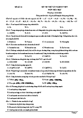 Đề thi thử Tốt nghiệp THPT môn Hóa học - Đề số 25 - Năm học 2020-2021 (Có lời giải chi tiết)