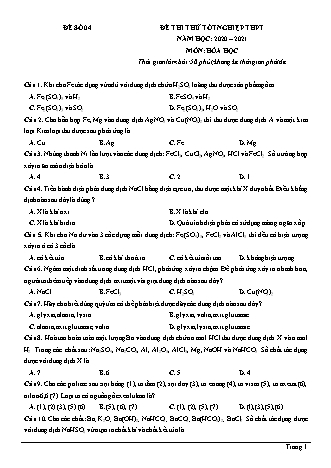 Đề thi thử Tốt nghiệp THPT môn Hóa học - Đề số 4 - Năm học 2020-2021 (Có đáp án)
