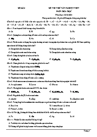 Đề thi thử Tốt nghiệp THPT môn Hóa học - Đề số 4 - Năm học 2020-2021 (Có lời giải chi tiết)