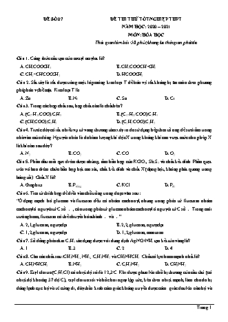 Đề thi thử Tốt nghiệp THPT môn Hóa học - Đề số 7 - Năm học 2020-2021 (Có đáp án)