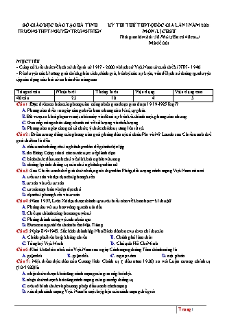 Đề thi thử Tốt nghiệp THPT môn Lịch sử - Lần 1 - Mã đề: 001 - Năm học 2020-2021 - Trường THPT chuyên Trung Thiên (Có đáp án)