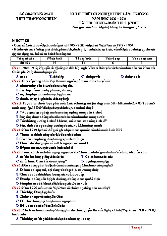 Đề thi thử Tốt nghiệp THPT môn Lịch sử - Lần 1 - Năm học 2020-2021 - Trường THPT Phan Ngọc Hiển (Có đáp án)