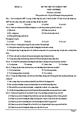 Đề thi thử Tốt nghiệp THPT môn Sinh học - Đề số 10 - Năm học 2020-2021 (Có lời giải chi tiết)