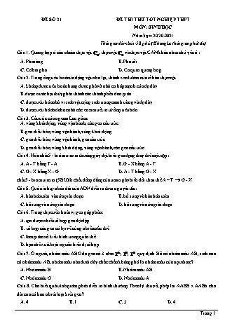 Đề thi thử Tốt nghiệp THPT môn Sinh học - Đề số 21 - Năm học 2020-2021 (Có lời giải chi tiết)