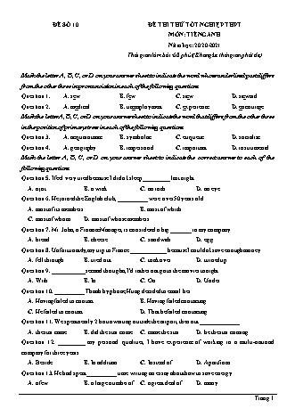 Đề thi thử Tốt nghiệp THPT môn Tiếng Anh - Đề số 10 - Năm học 2020-2021 (Có lời giải chi tiết)