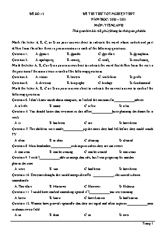 Đề thi thử Tốt nghiệp THPT môn Tiếng Anh - Đề số 12 - Năm học 2020-2021 (Có đáp án)
