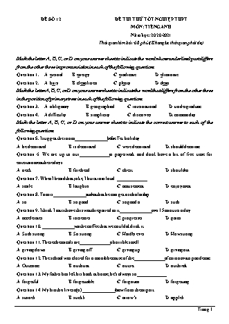 Đề thi thử Tốt nghiệp THPT môn Tiếng Anh - Đề số 12 - Năm học 2020-2021 (Có lời giải chi tiết)
