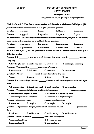 Đề thi thử Tốt nghiệp THPT môn Tiếng Anh - Đề số 14 - Năm học 2020-2021 (Có lời giải chi tiết)