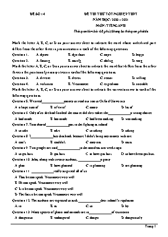 Đề thi thử Tốt nghiệp THPT môn Tiếng Anh - Đề số 14 - Năm học 2020-2021 (Có đáp án)