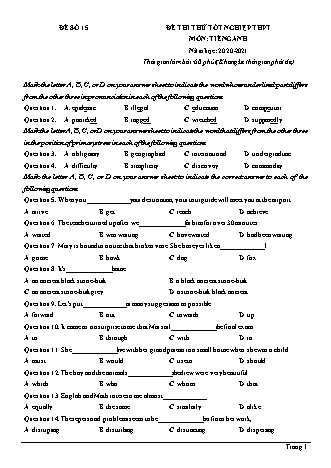 Đề thi thử Tốt nghiệp THPT môn Tiếng Anh - Đề số 15 - Năm học 2020-2021 (Có lời giải chi tiết)