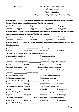 Đề thi thử Tốt nghiệp THPT môn Tiếng Anh - Đề số 17 - Năm học 2020-2021 (Có lời giải chi tiết)