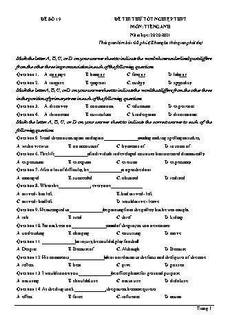 Đề thi thử Tốt nghiệp THPT môn Tiếng Anh - Đề số 19 - Năm học 2020-2021 (Có lời giải chi tiết)