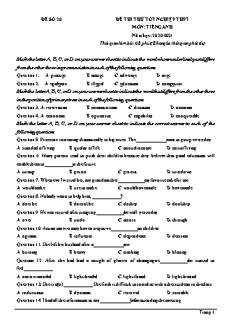 Đề thi thử Tốt nghiệp THPT môn Tiếng Anh - Đề số 20 - Năm học 2020-2021 (Có lời giải chi tiết)