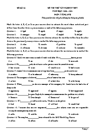 Đề thi thử Tốt nghiệp THPT môn Tiếng Anh - Đề số 20 - Năm học 2020-2021 (Có đáp án)