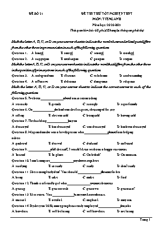 Đề thi thử Tốt nghiệp THPT môn Tiếng Anh - Đề số 21 - Năm học 2020-2021 (Có lời giải chi tiết)