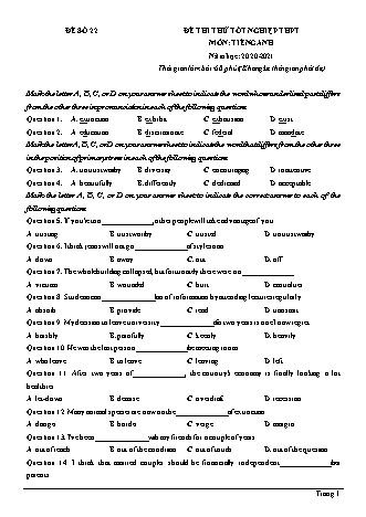 Đề thi thử Tốt nghiệp THPT môn Tiếng Anh - Đề số 22 - Năm học 2020-2021 (Có lời giải chi tiết)