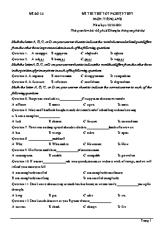 Đề thi thử Tốt nghiệp THPT môn Tiếng Anh - Đề số 23 - Năm học 2020-2021 (Có lời giải chi tiết)