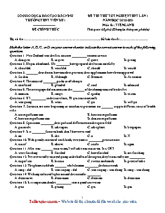 Đề thi thử Tốt nghiệp THPT môn Tiếng Anh - Lần 1 - Năm học 2020-2021 - Trường THPT Tiên Du 1 (Có đáp án)