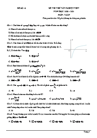 Đề thi thử Tốt nghiệp THPT môn Toán - Đề số 10 - Năm học 2020-2021 (Có đáp án)