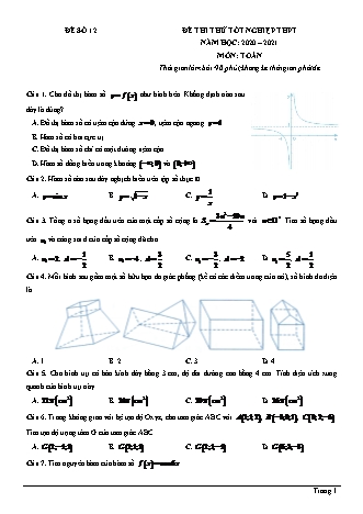 Đề thi thử Tốt nghiệp THPT môn Toán - Đề số 12 - Năm học 2020-2021 (Có đáp án)