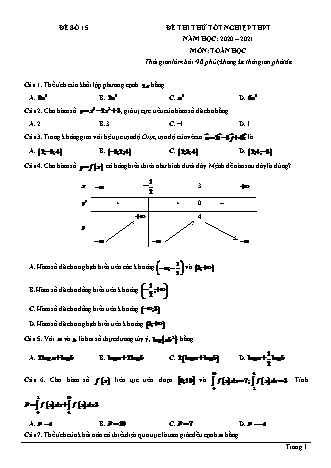 Đề thi thử Tốt nghiệp THPT môn Toán - Đề số 15 - Năm học 2020-2021 (Có lời giải chi tiết)