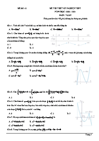 Đề thi thử Tốt nghiệp THPT môn Toán - Đề số 15 - Năm học 2020-2021 (Có đáp án)