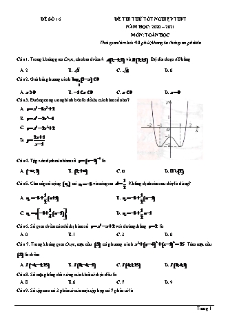 Đề thi thử Tốt nghiệp THPT môn Toán - Đề số 16 - Năm học 2020-2021 (Có lời giải chi tiết)